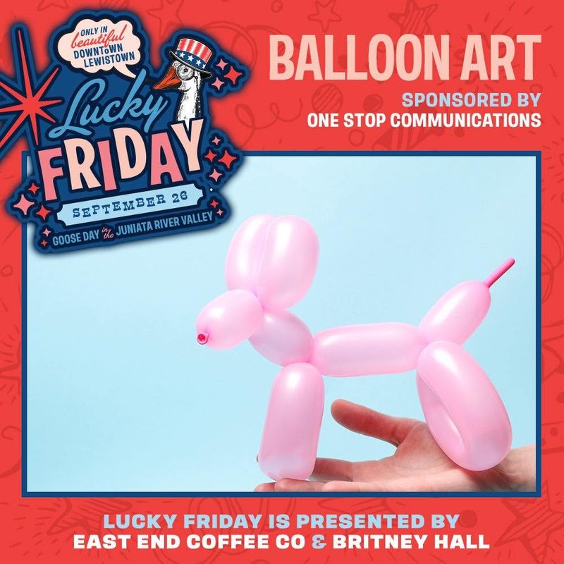 Lucky Friday 2025 balloon art activity graphic, sponsored by One-Stop Communications, with a pink balloon dog