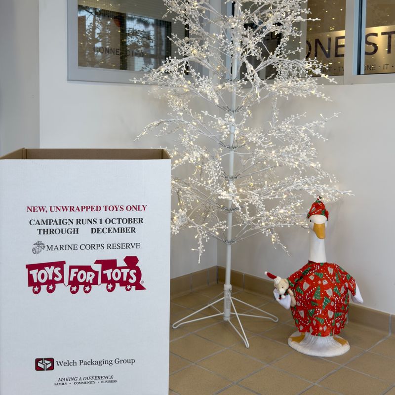 A Toys for Tots donation box next to a white lighted tree and a dressed-up holiday goose in the One-Stop office lobby