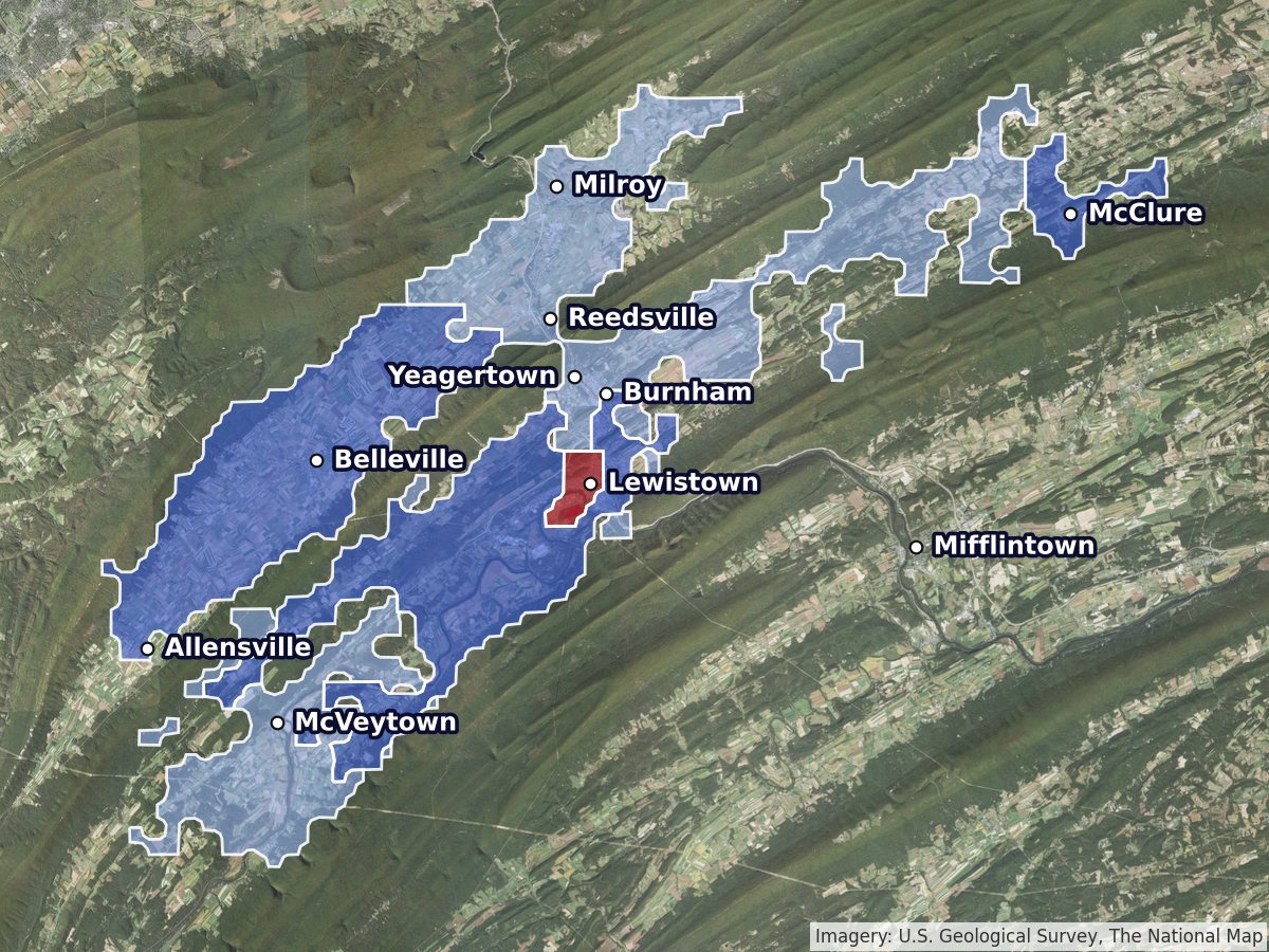 Map of One-Stop internet coverage across Mifflin County, shaded by type of service