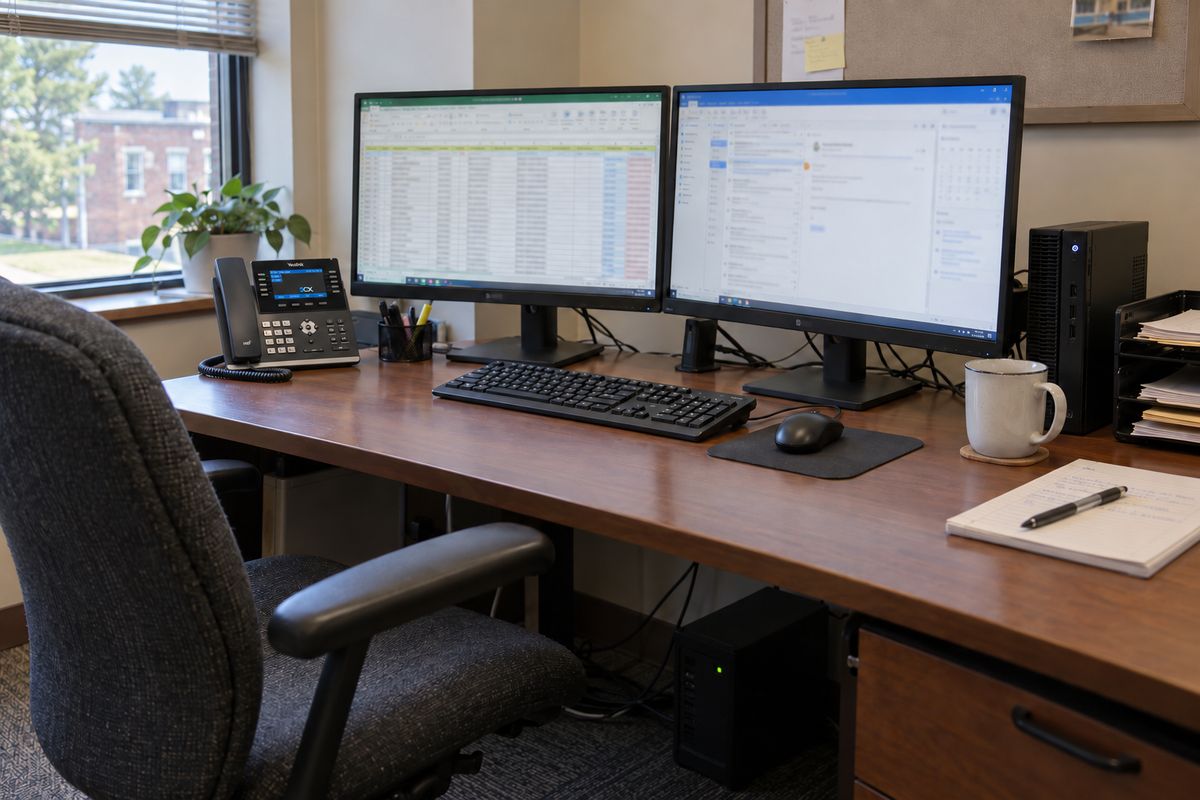 An office workstation with dual monitors, a compact desktop computer and a 3CX desk phone, set up and supported by One-Stop Managed IT