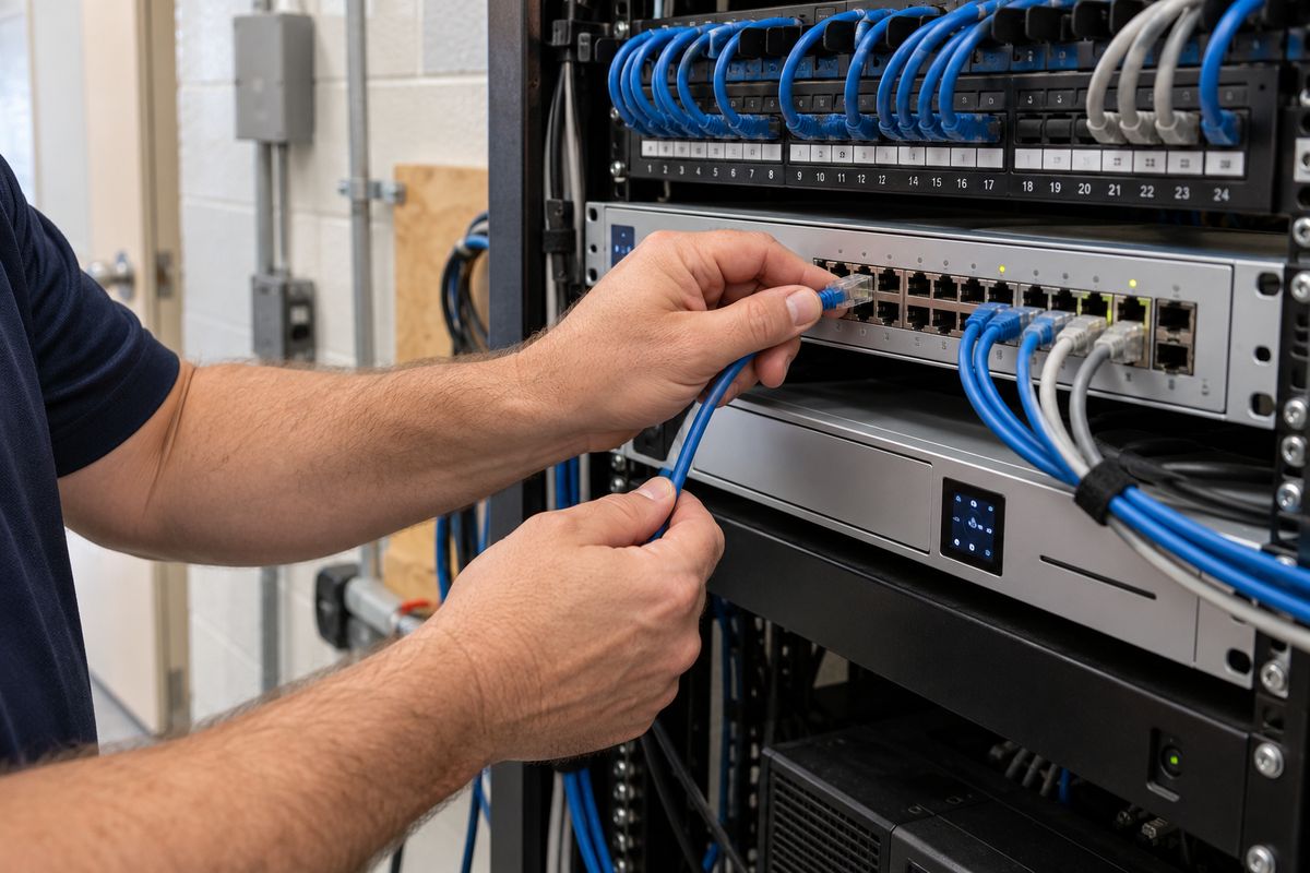 A technician connecting a network cable to a switch in a business network rack below a patch panel