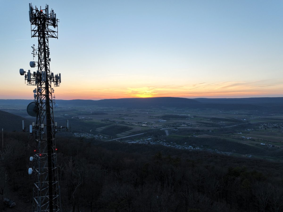 One-Stop internet tower at sunset over the valley in Mifflin County