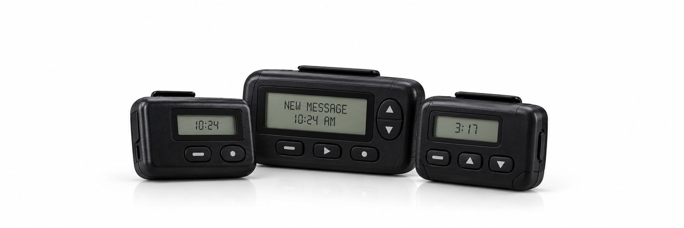 Numeric and alphanumeric pagers for One-Stop paging service in Pennsylvania, showing a new message on a large-screen pager between two compact pagers