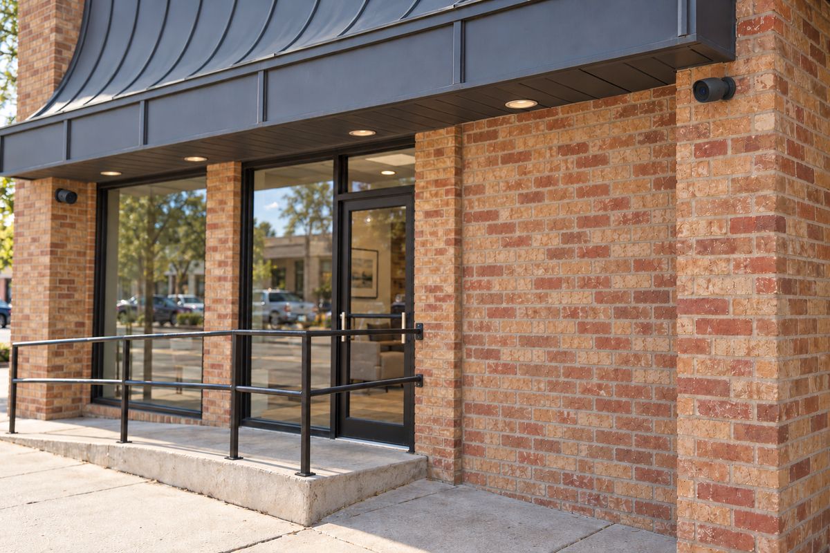 Two black outdoor security cameras mounted neatly on a brick storefront, covering the glass entrance doors and the sidewalk