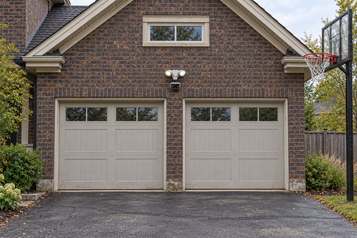 Security camera with floodlights mounted neatly on a brick garage, covering both garage doors and the driveway