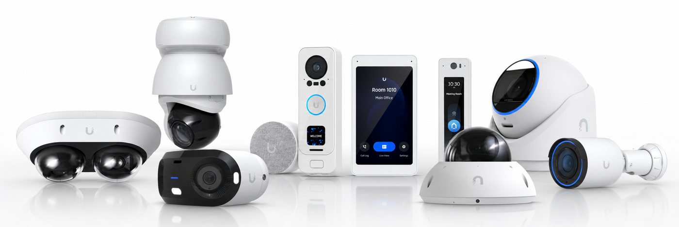 Ubiquiti UniFi business security camera lineup installed by One-Stop in Mifflin County, including dome, bullet, turret and PTZ cameras, a video doorbell, a door access reader and an access control touchscreen