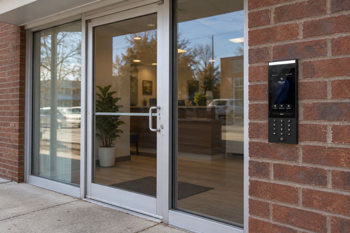 UniFi Access door intercom with touchscreen and keypad mounted on the brick wall beside a business's glass entrance doors