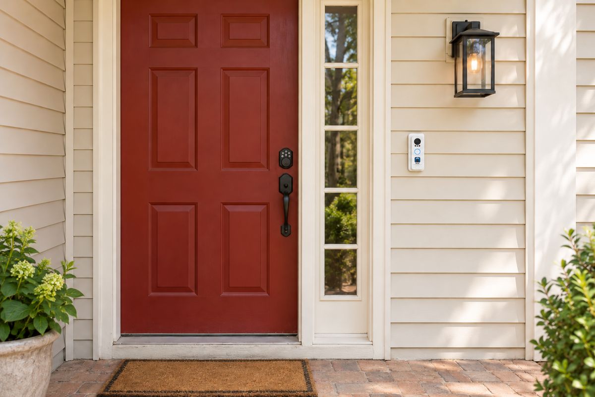 White UniFi video doorbell mounted beside a red front door, with a smart lock on the door