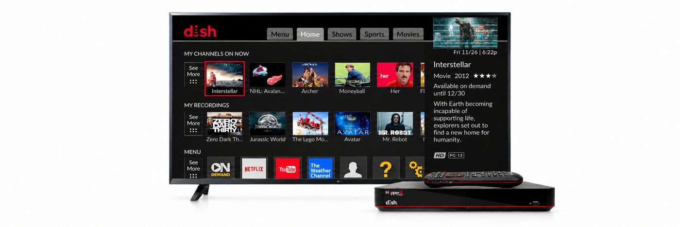 DISH satellite TV home screen on a flat-screen TV, with live channels, recordings and streaming apps, next to a DISH Hopper receiver and voice remote