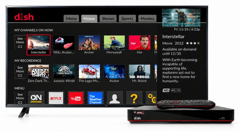 DISH satellite TV home screen on a flat-screen TV next to a DISH Hopper receiver and remote